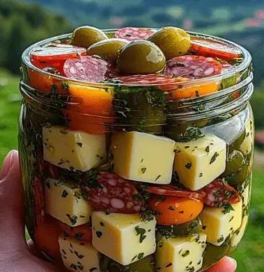 Aperitivo Fácil de Queijo Marinado com Salame e Picles